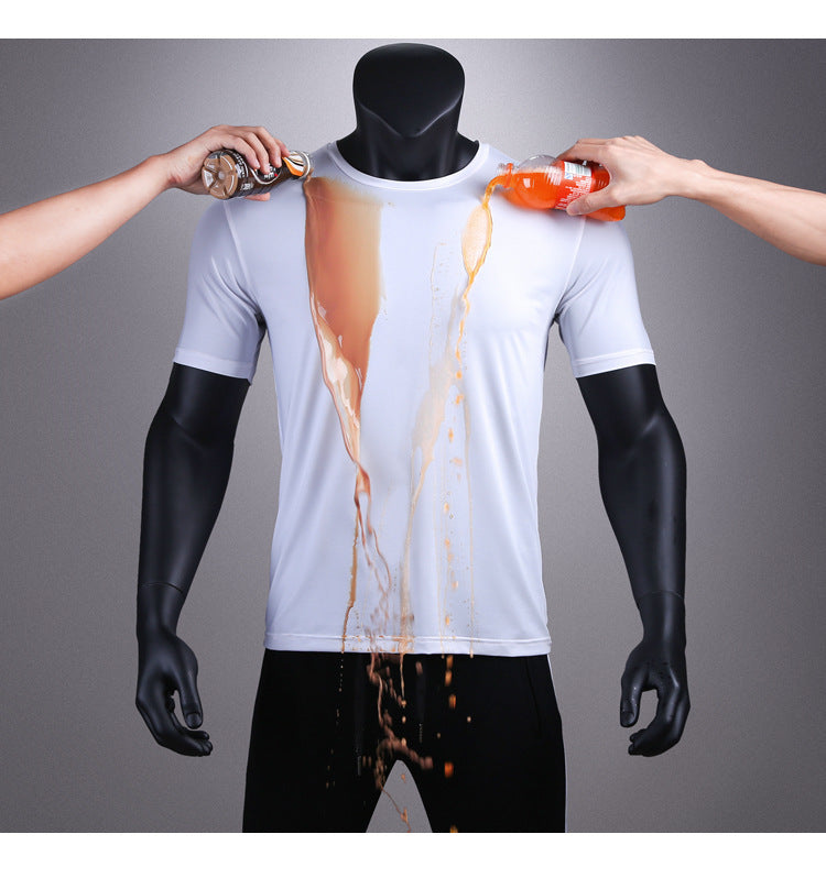 Summer New Nano Water-Repellent High-Tech Waterproof Stain-Resistant Quick-Dry Sport Short Sleeve T-Shirt Men Solid Color Round Neck Top
